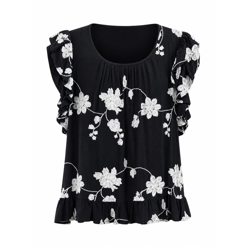 LIV Los Angeles Women’s  Size L Black White Floral Embroidered Boho Blouse